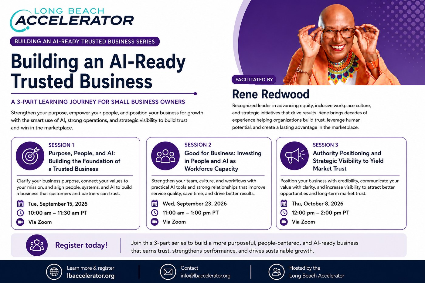 Building an AI-Ready Trusted Business — a 3-part learning journey for small business owners, facilitated by Rene Redwood. Session 1: Tuesday September 15, 10:00–11:30 am PT. Session 2: Wednesday September 23, 11:00 am–1:00 pm PT. Session 3: Thursday October 8, 12:00–2:00 pm PT. All via Zoom.
